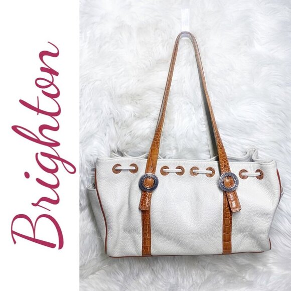 BRIGHTON White & Tan Pebbled Leather Satchel Shoulder Bag Croc Heart Detail - Picture 7 of 15
